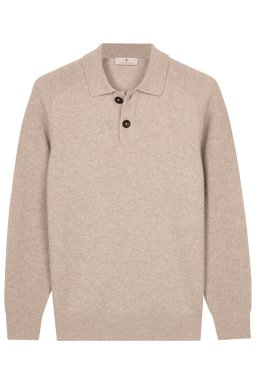 Thomas Maine Knitwear & Jumpers Thomas Maine - Long Sleeve Beige Lambs Wool Polo