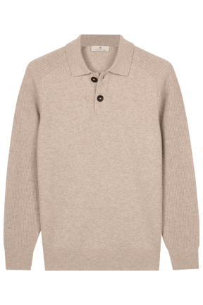 Thomas Maine Knitwear & Jumpers Thomas Maine - Long Sleeve Beige Lambs Wool Polo