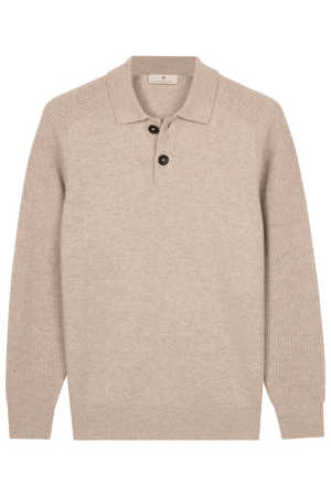 Thomas Maine Knitwear & Jumpers Thomas Maine - Long Sleeve Beige Lambs Wool Polo