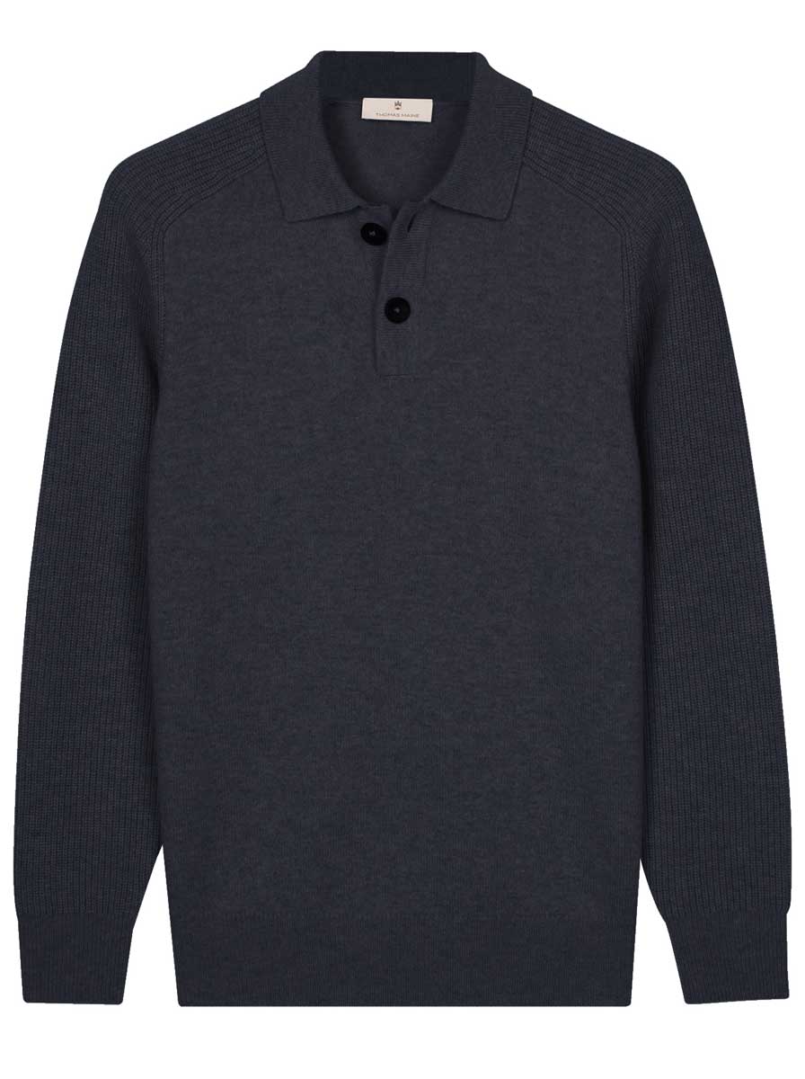 Thomas Maine Knitwear & Jumpers Thomas Maine - Long Sleeve Navy Lambs Wool Polo