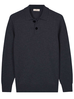 Thomas Maine Knitwear & Jumpers Thomas Maine - Long Sleeve Navy Lambs Wool Polo