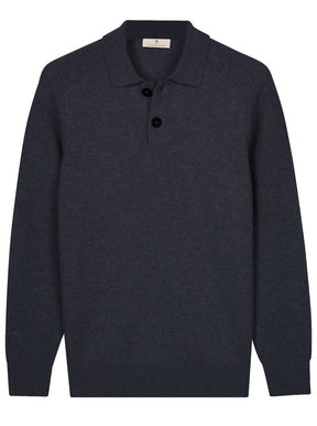 Thomas Maine Knitwear & Jumpers Thomas Maine - Long Sleeve Navy Lambs Wool Polo