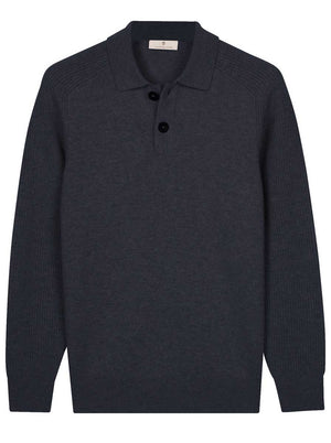 Thomas Maine Knitwear & Jumpers Thomas Maine - Long Sleeve Navy Lambs Wool Polo