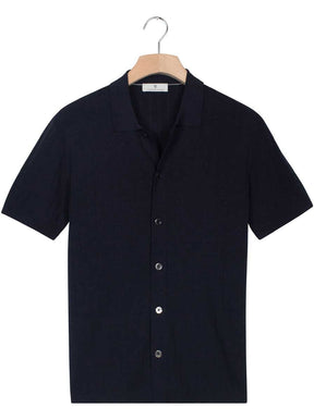 Thomas Maine Short Sleeve Shirts Thomas Maine - Ribbed Knitted Navy Short Sleeve Shirt