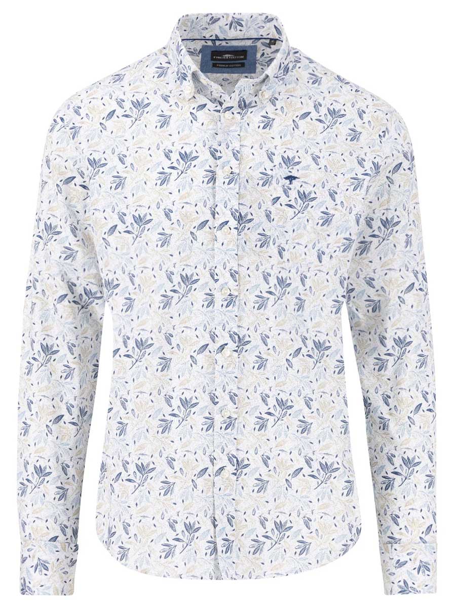 Fynch Hatton - Premium Cotton Leaf Print Beige Shirt