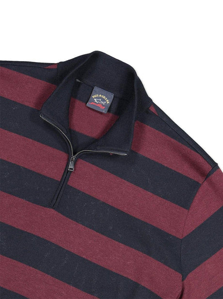 Paul & Shark Knitwear & Jumpers Paul & Shark Half Zip Bar Striped Wool Jumper - Colour Burgundy / Navy